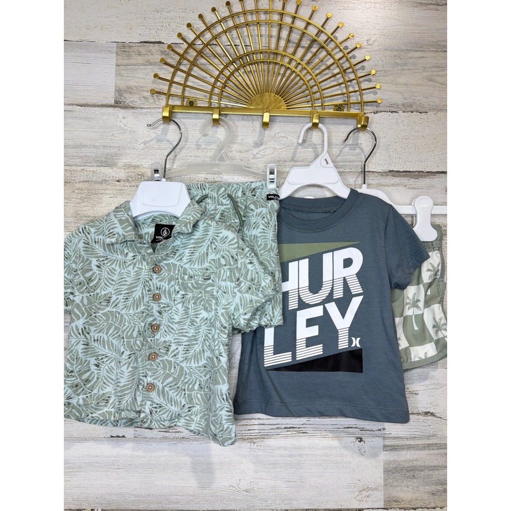 Volcom Hurley Boys 12M Green Grey Linen Set T-Shirt Swim Trunks Bundle Surf‎